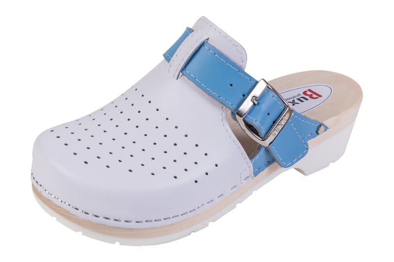 834274a6b94af46f0d7f7eb7d1e3388b.jpg Zdravotní dřeváky s amortizační podrážkou FPU21 Bílé se světle modrou - Obrázek 1