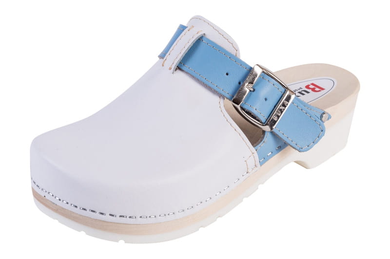 98991f0d3c2928a462d7626f4ab13234.jpg Zdravotní dřeváky s amortizační podrážkou FPU20 Bílé se světle modrou - Obrázek 1