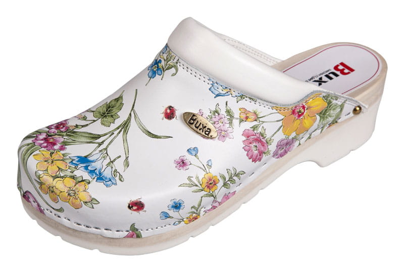 e9629ede32c89d3e5046886652f879c4.jpg Zdravotní dřeváky s amortizační podrážkou FPU10 Bílé s kvítky - Obrázek 1