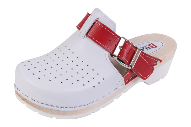 f049ab2f6b5fceb40dc86e6de15dd847.jpg Zdravotní dřeváky s amortizační podrážkou FPU21 Bílé s červenou - Obrázek 1